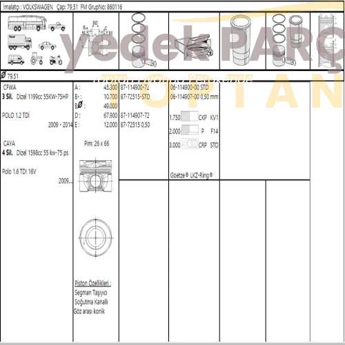 GOETZE VW PISTON SEGMAN STD 79.51MM POLO GOLF6 CADDY JETTA (1.6 TDI CAY 4 SILINDIR) (1.2 TDI CFWA 3 SILINDIR)